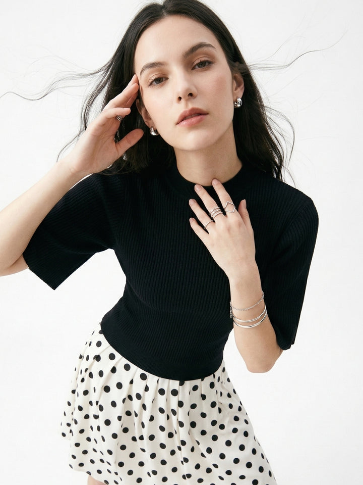 Black Plisse Top With Flared Sleeves