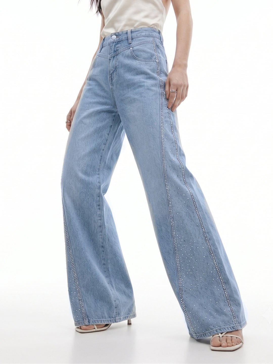Blue Flared Sequined Denims