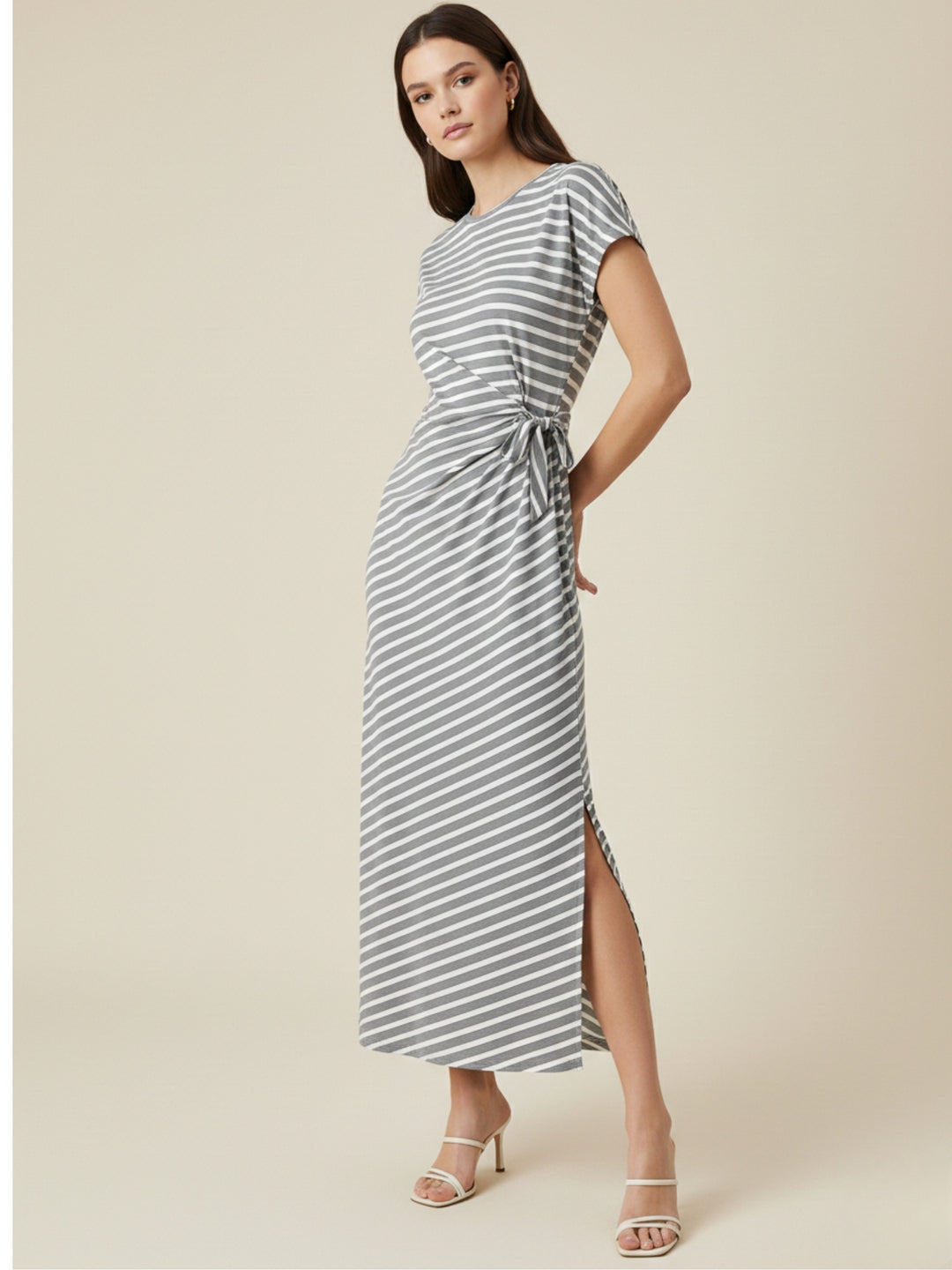 White Short Sleeve Waist Knit Detail Striped Dress