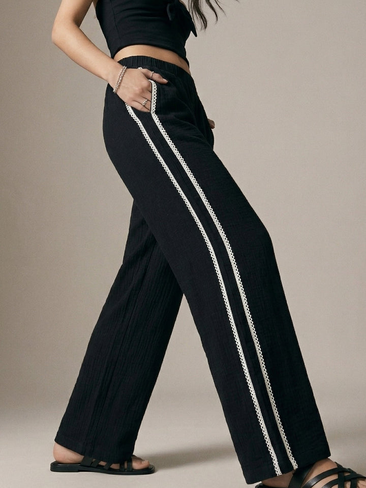 Black  Stripe Embroidered Cotton Trousers