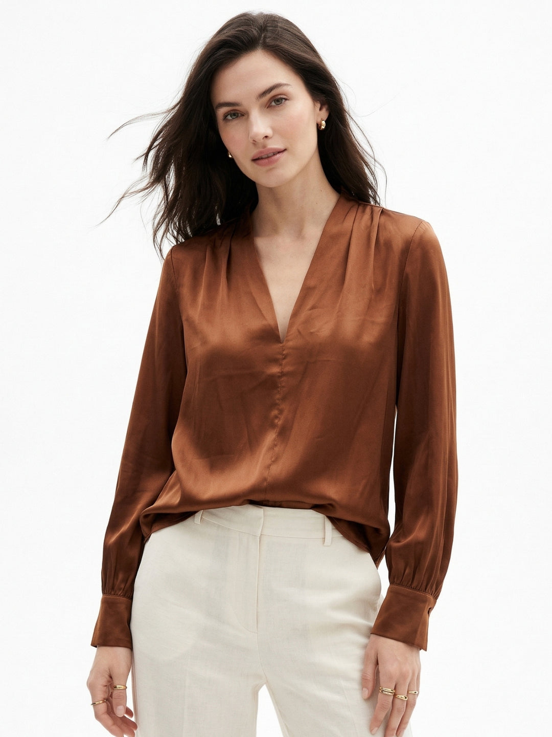 Brown Satin Full Sleeved Solid Blouse