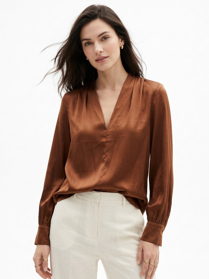 Brown Satin Full Sleeved Solid Blouse