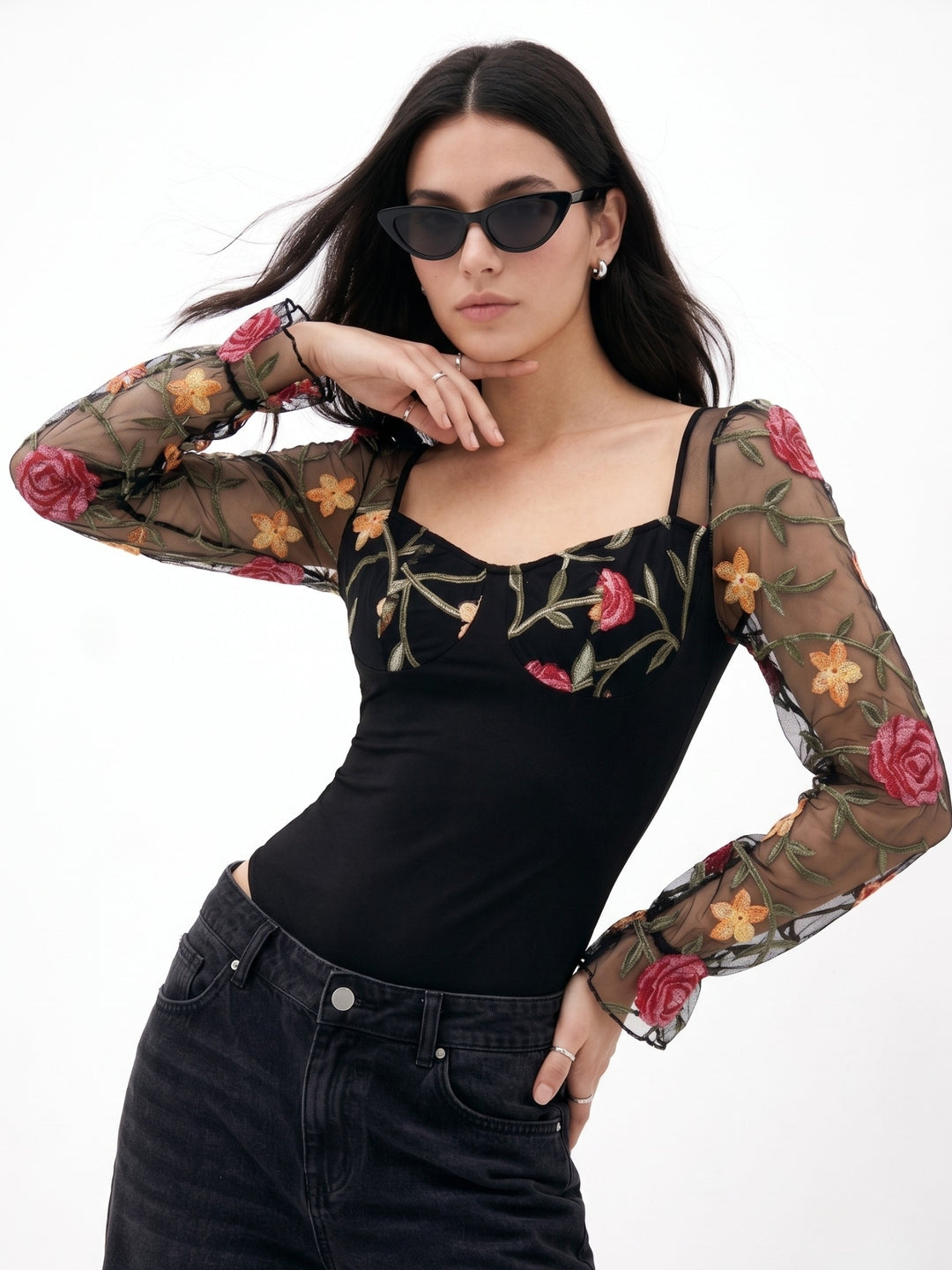 Black Sweetheart Neckline Bodysuits With Sheer Sleeves