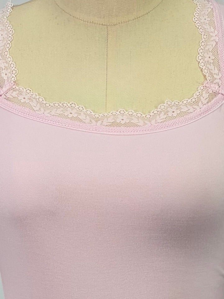 Pink Square Neck Top With Lace Inserts And Flared Sleeves