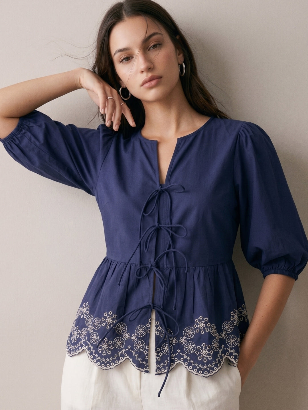 Blue Scallop Embroidered Blouse