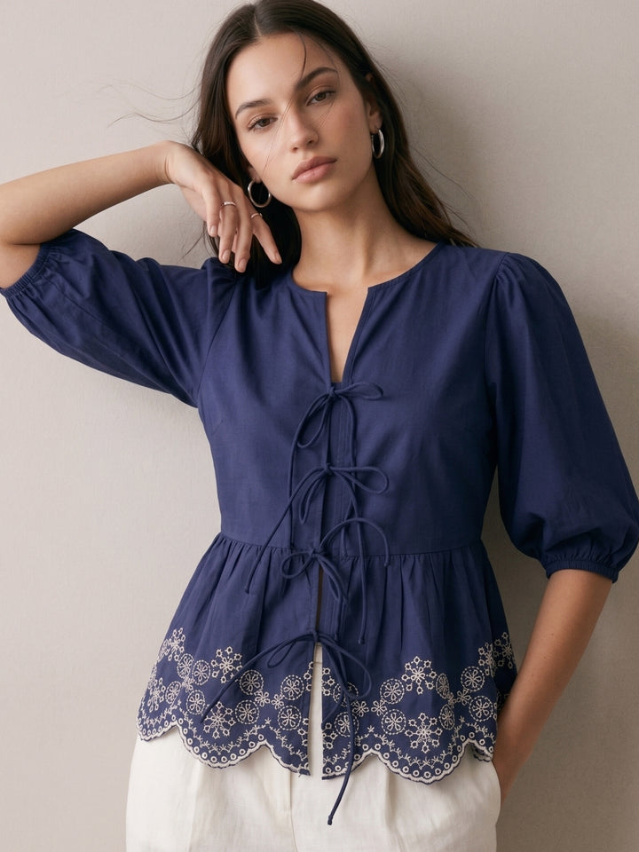 Blue Scallop Embroidered Blouse