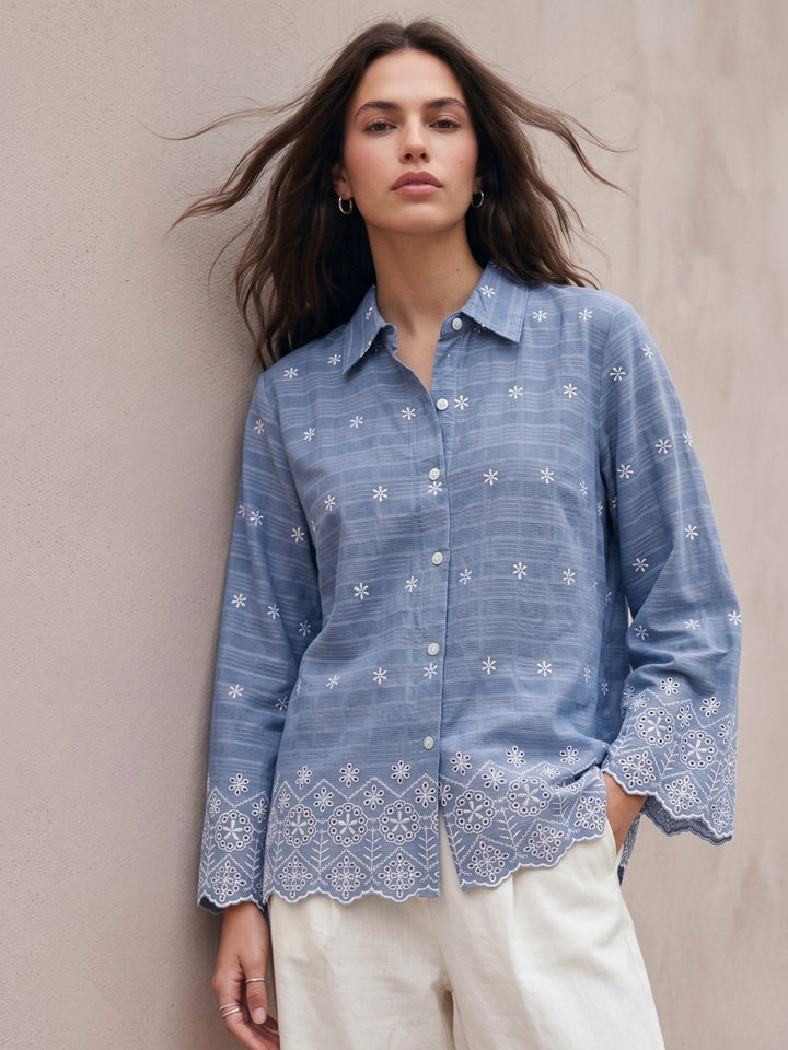 Blue Cotton Schiffli Embroidered Scalloped Shirt