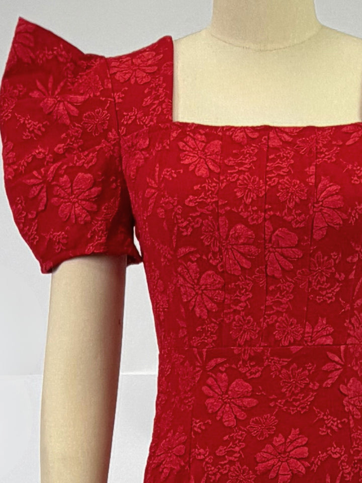 Red Textured Mini Dress With Puff Sleeves