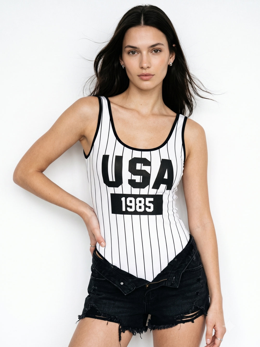 White Striped Varsity Graphic Printed Tank Styled Bodysuit