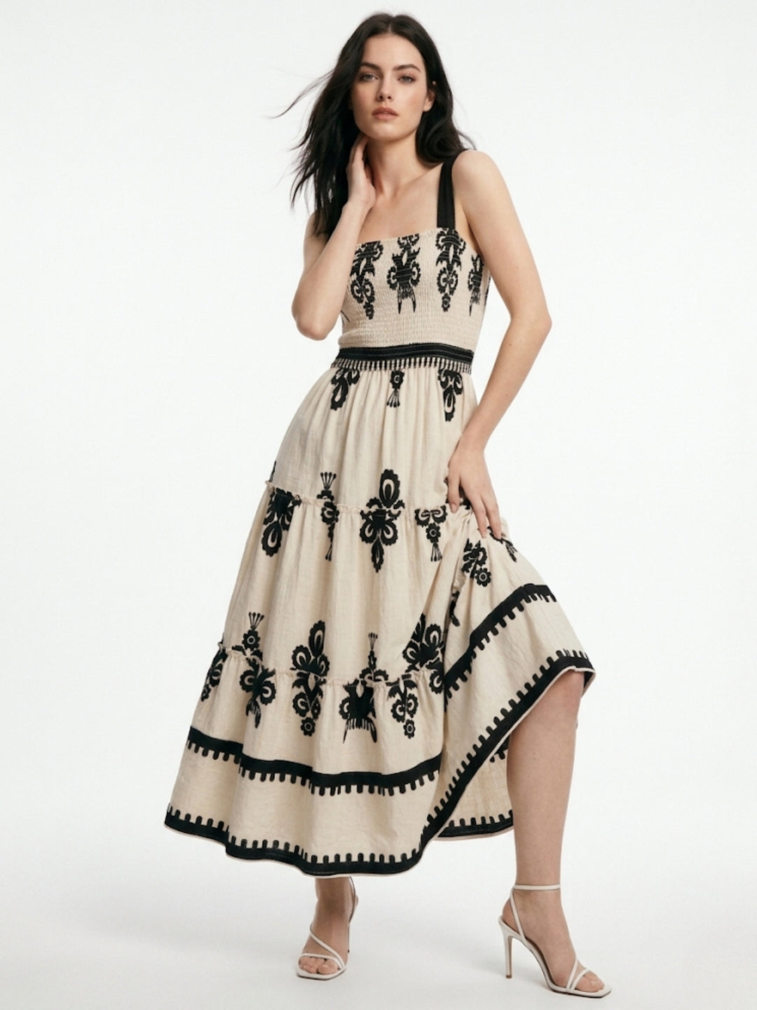 Cream Shoulder Strap Printed Dress