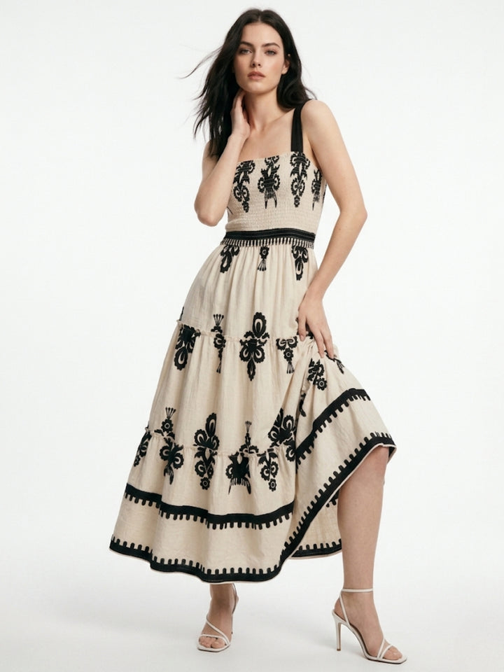Cream Shoulder Strap Printed Dress