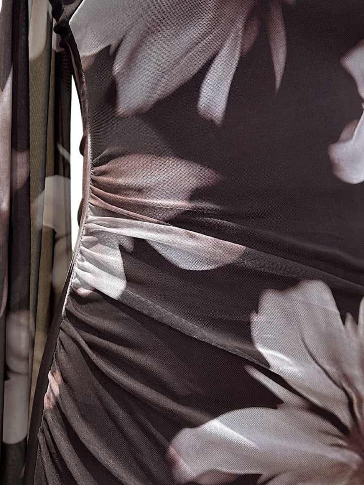 Brown Strappy Printed Mesh Dress With Scarf Detail