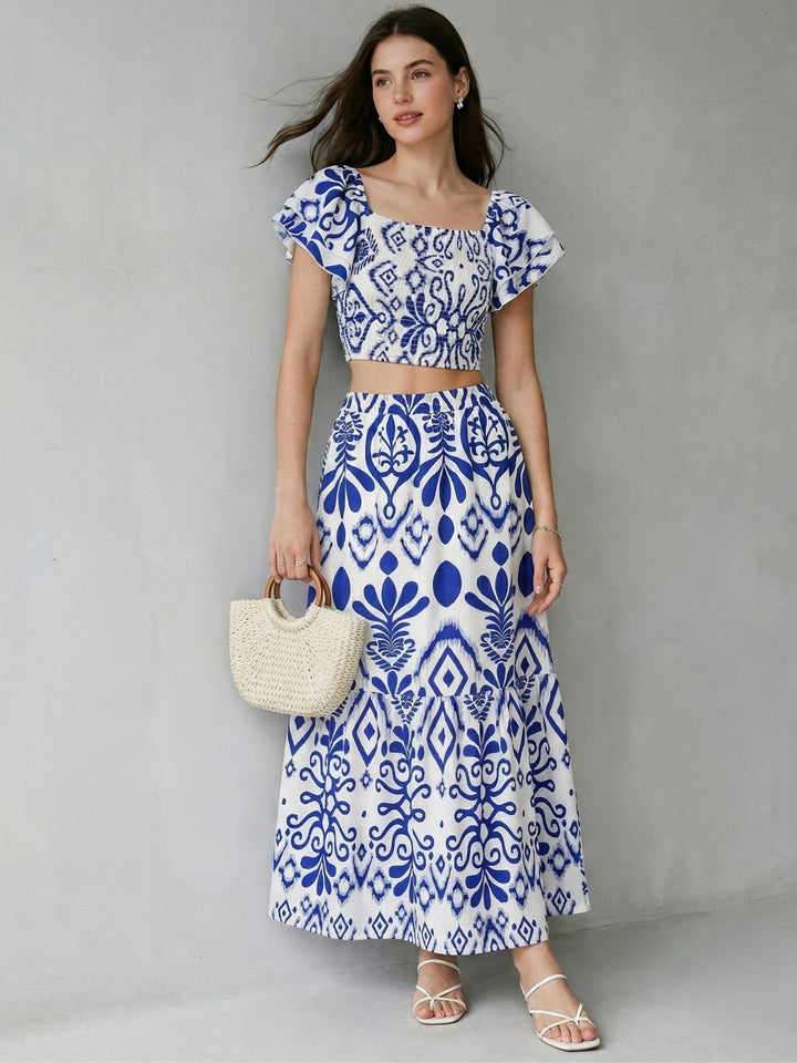 Blue Abstract Printed Top And Skirt Co-Ord Set