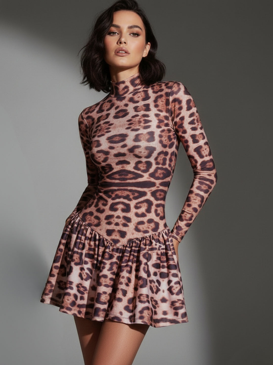 Brown Animal Printed Peplum Dress