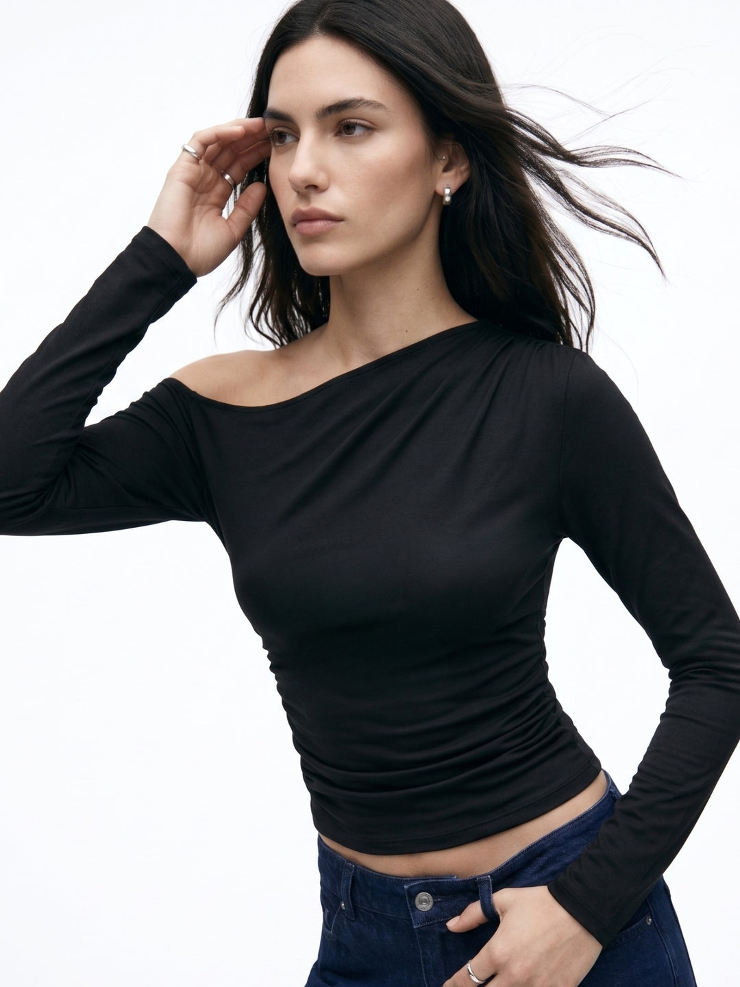 Black One Shoulder Full Sleeves Fitted Top