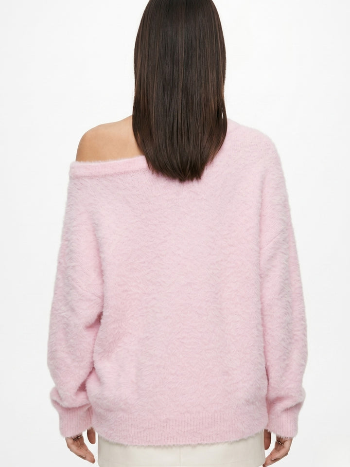 Pink Off-Shoulder Fuzzy Sweater