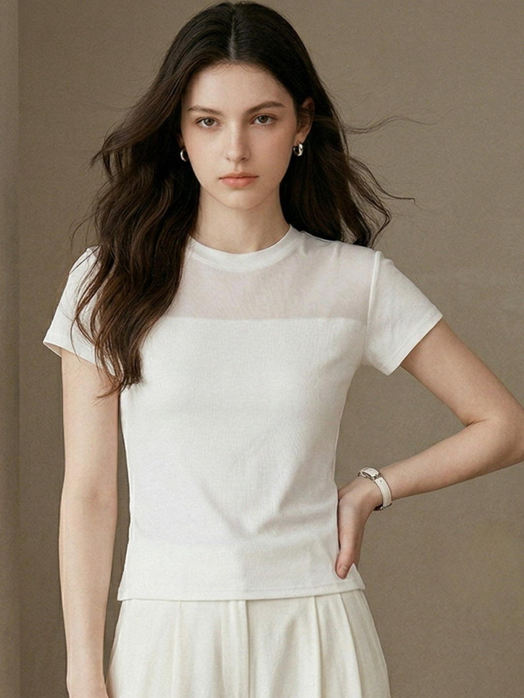 Off White Short Sleeve Mesh Top