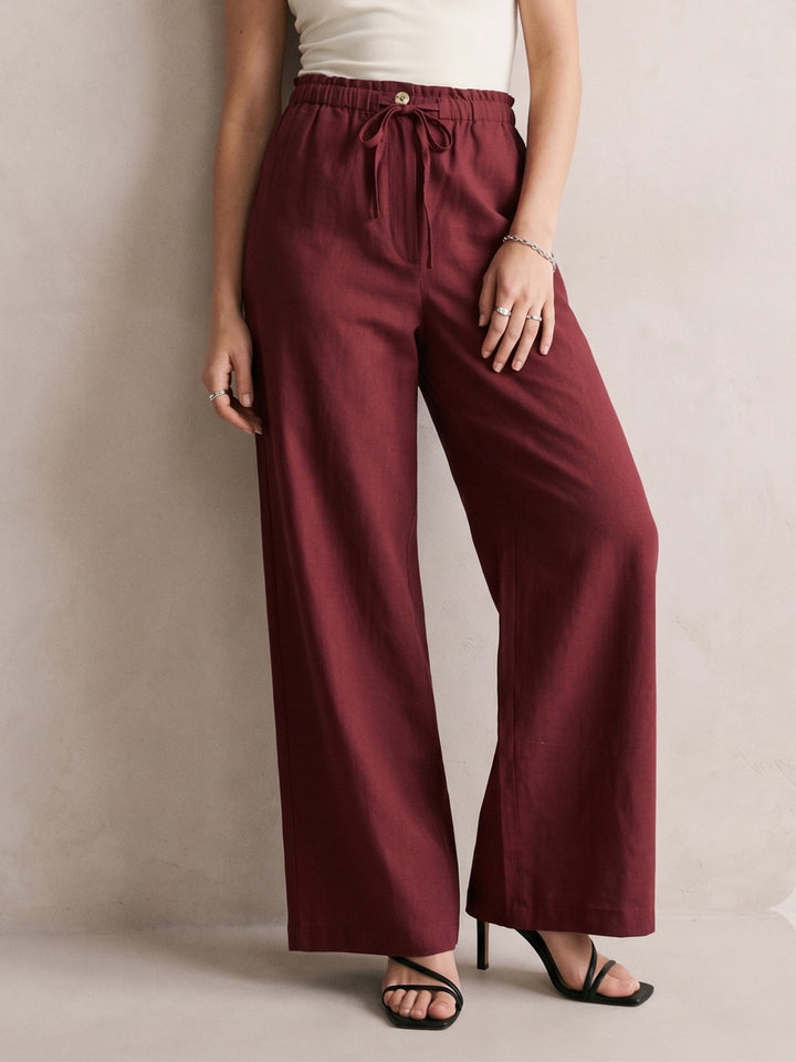 Wine Highwaist Paperbag Wide Leg Trouser With Drawstring Detail