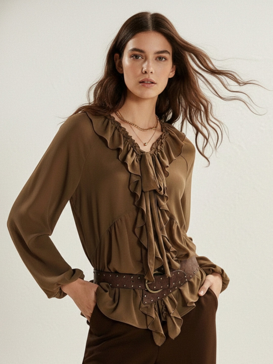 Brown Ruffled V Neck Top