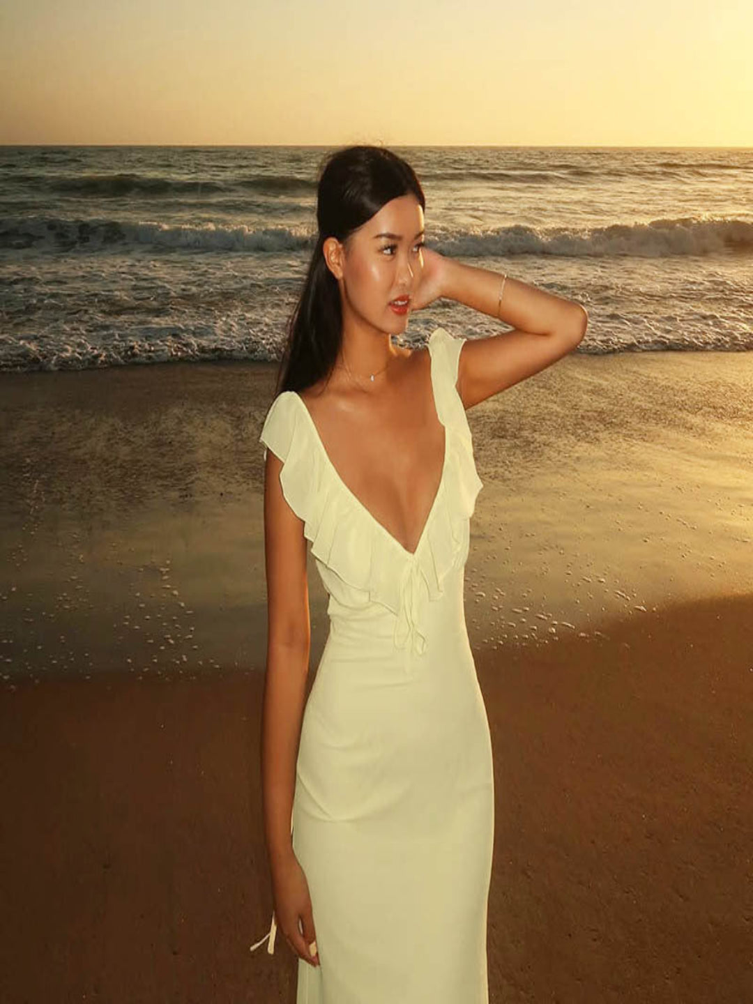 Yellow V-Neck Ruffle With Back Tie Up Maxi Dress