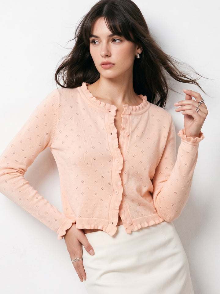 Pink Pointelle Textured Cardigan Styled Top