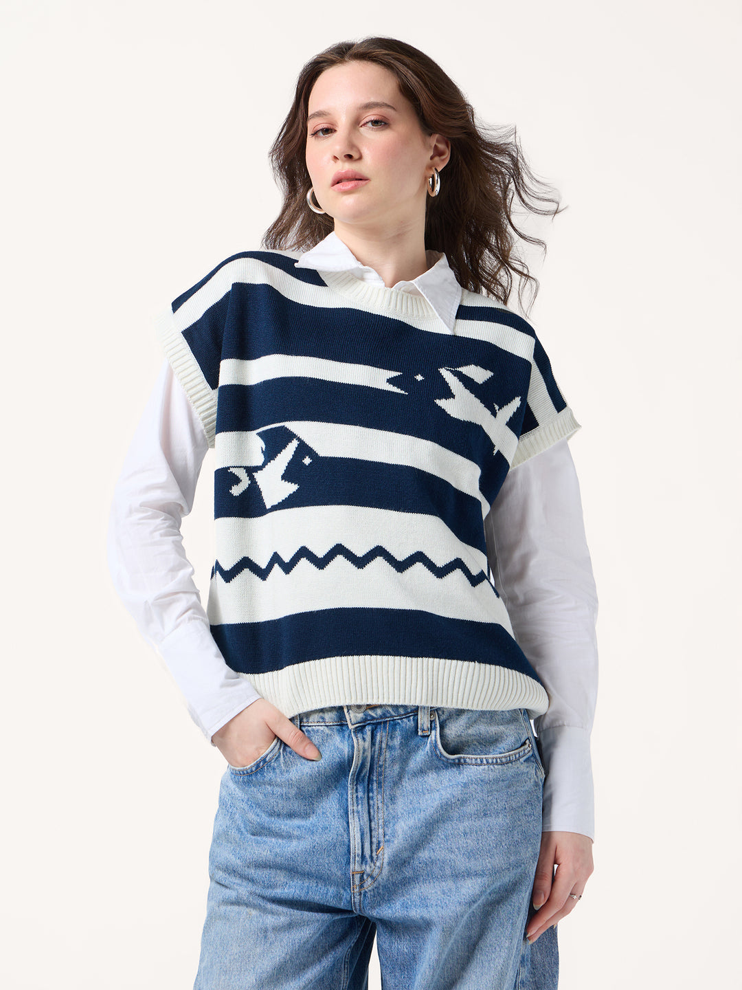 Navy Blue Relaxed Cropped Graphic Sweater