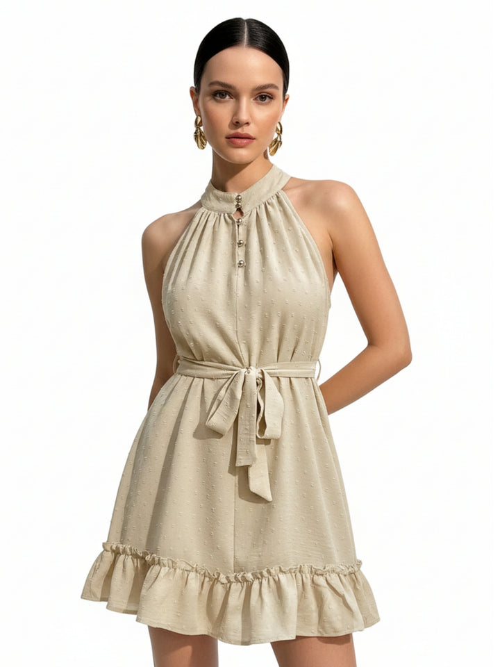 Peach Halter Neck Waist Tie-Up Ruffle Hem Dress