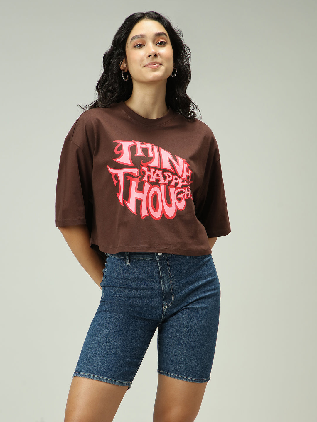 Brown Graphic Cropped Boxy T-Shirt