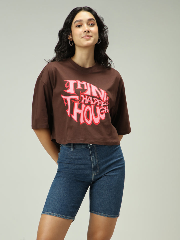 Brown Graphic Cropped Boxy T-Shirt