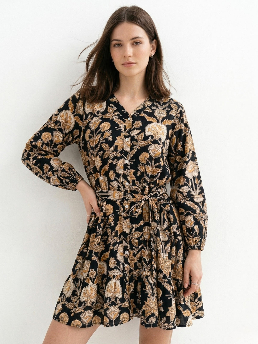 Black V Neck Printed Tier Dress With Belt