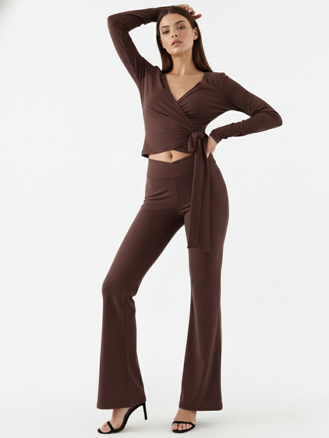 Brown Full Sleeve Wrap V Neck Top And Pant Set