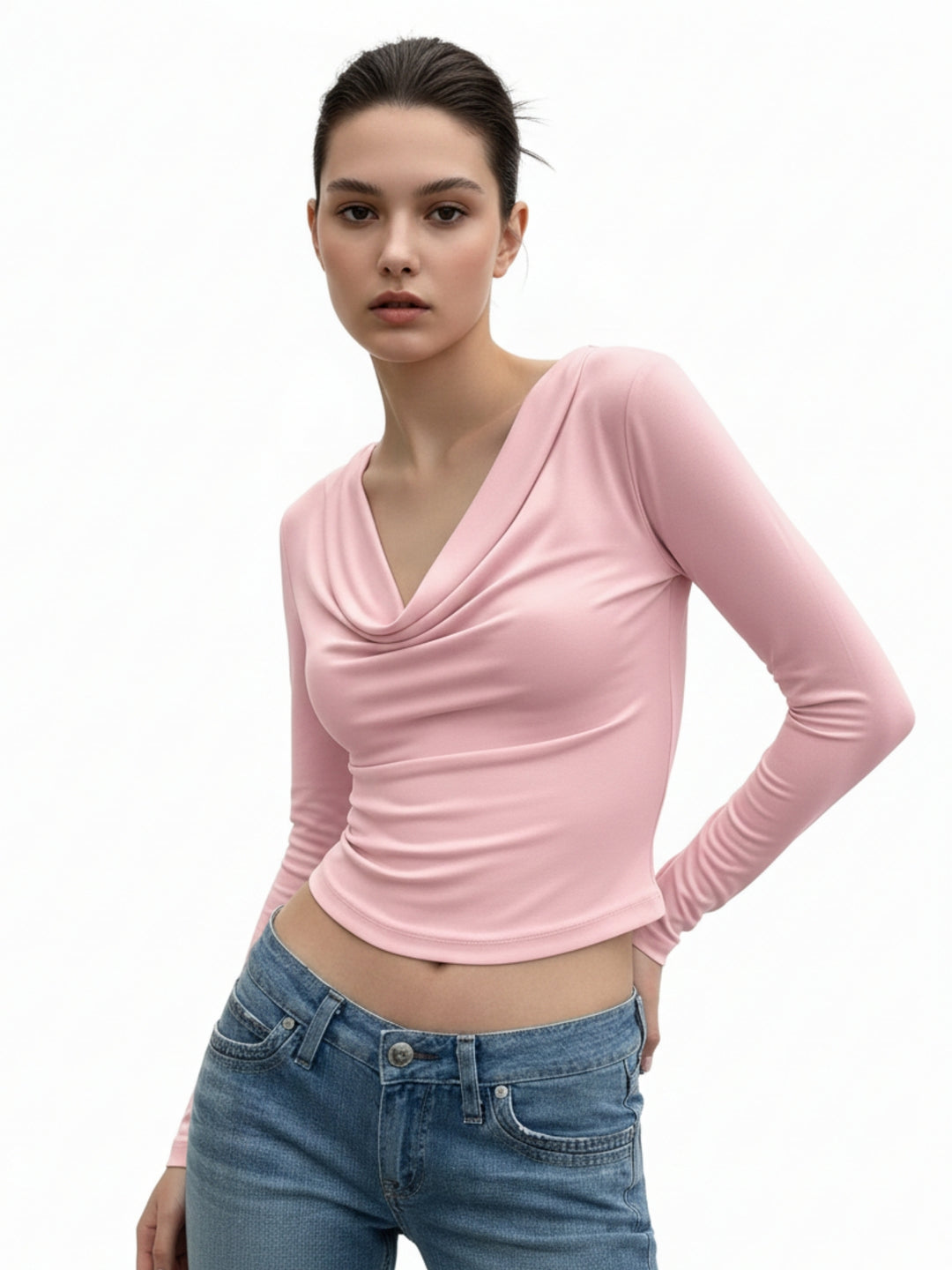 Pink Cowl Neck Fitted Top