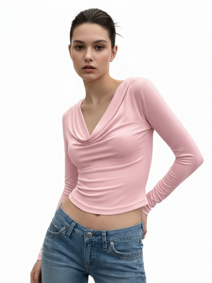 Pink Cowl Neck Fitted Top