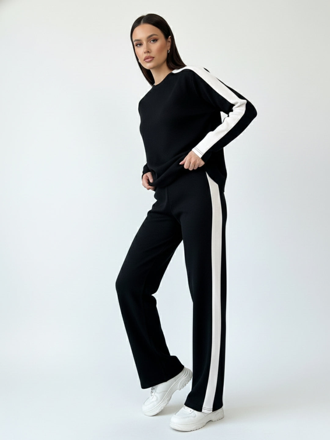 Black Contrast Coloured Striped Top And Pant Co-Ord Set