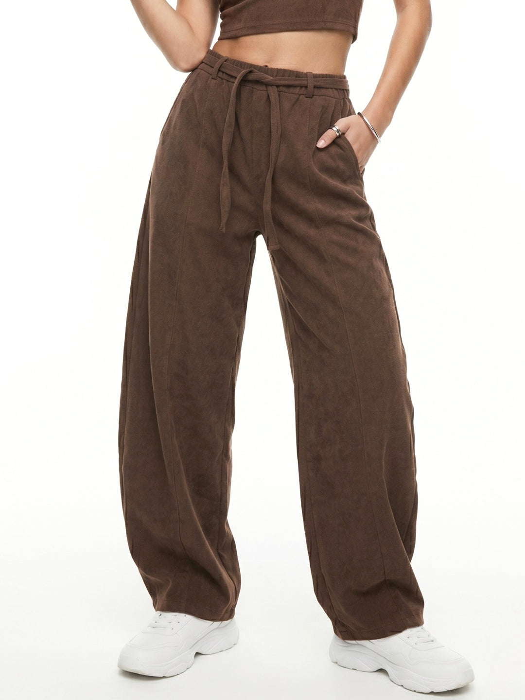 Brown High Waist Attached Drawstring Baggy Pant