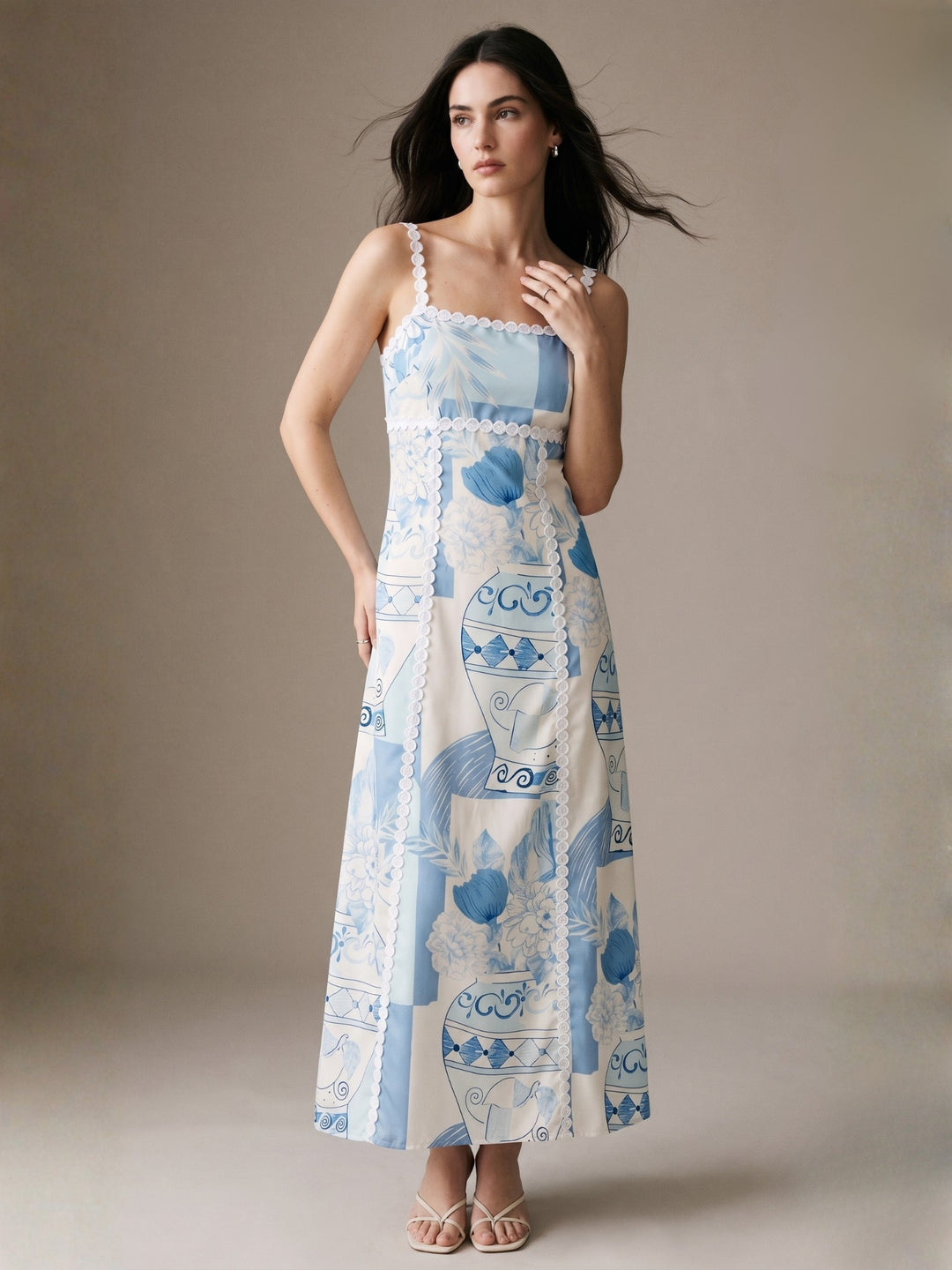 Blue Spaghetti Strap Printed Dress
