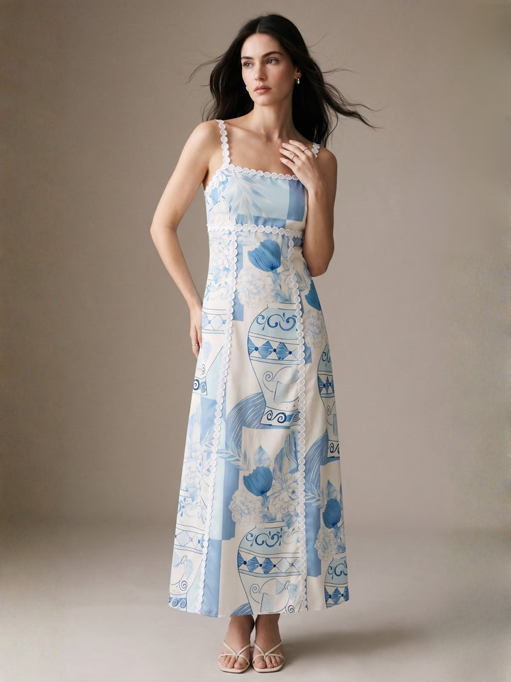 Blue Spaghetti Strap Printed Dress