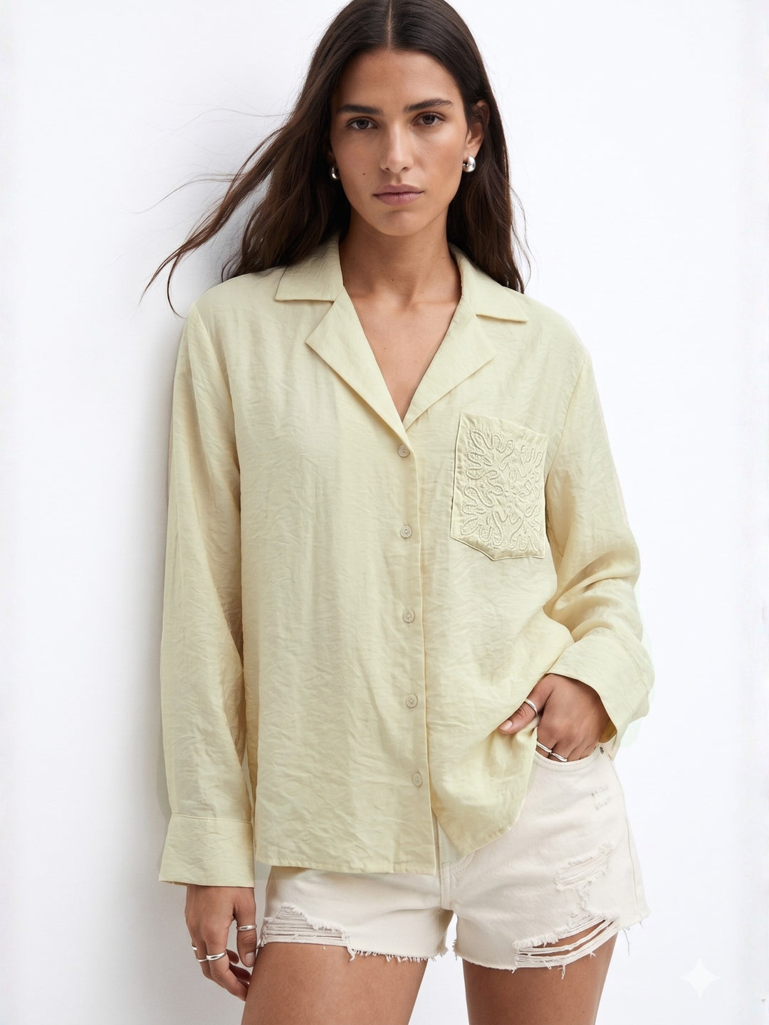 Yellow Front Buttoned Pocket Embroidered Shirt