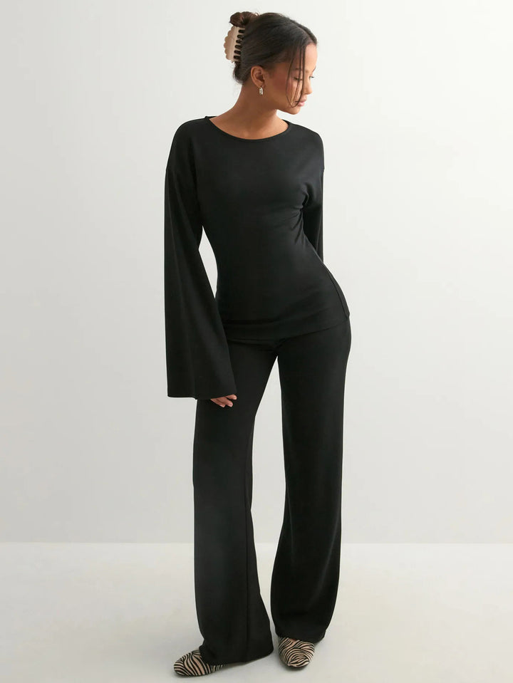 Black Bell Sleeve Fitted Top And Pant Set