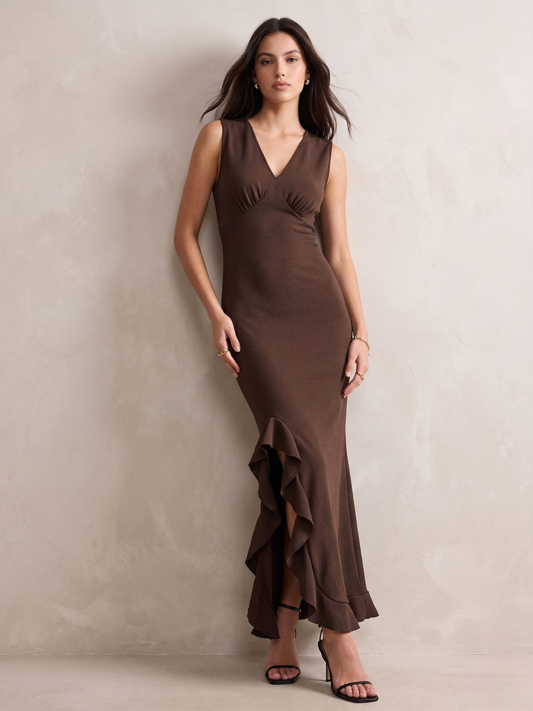 Brown Textured Asymmetric Hem Maxi Dress