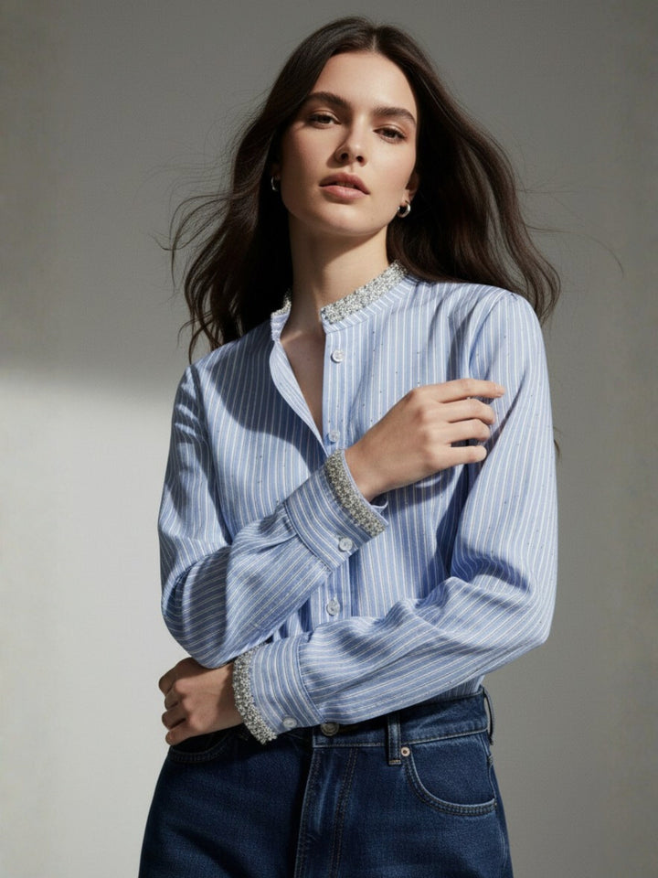 Blue Embellished Neckline Striped Shirt