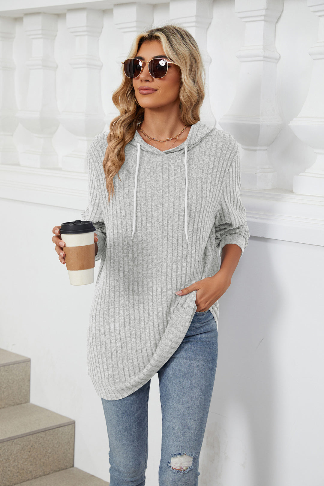 Grey Full Sleeves Solid Hooded Top