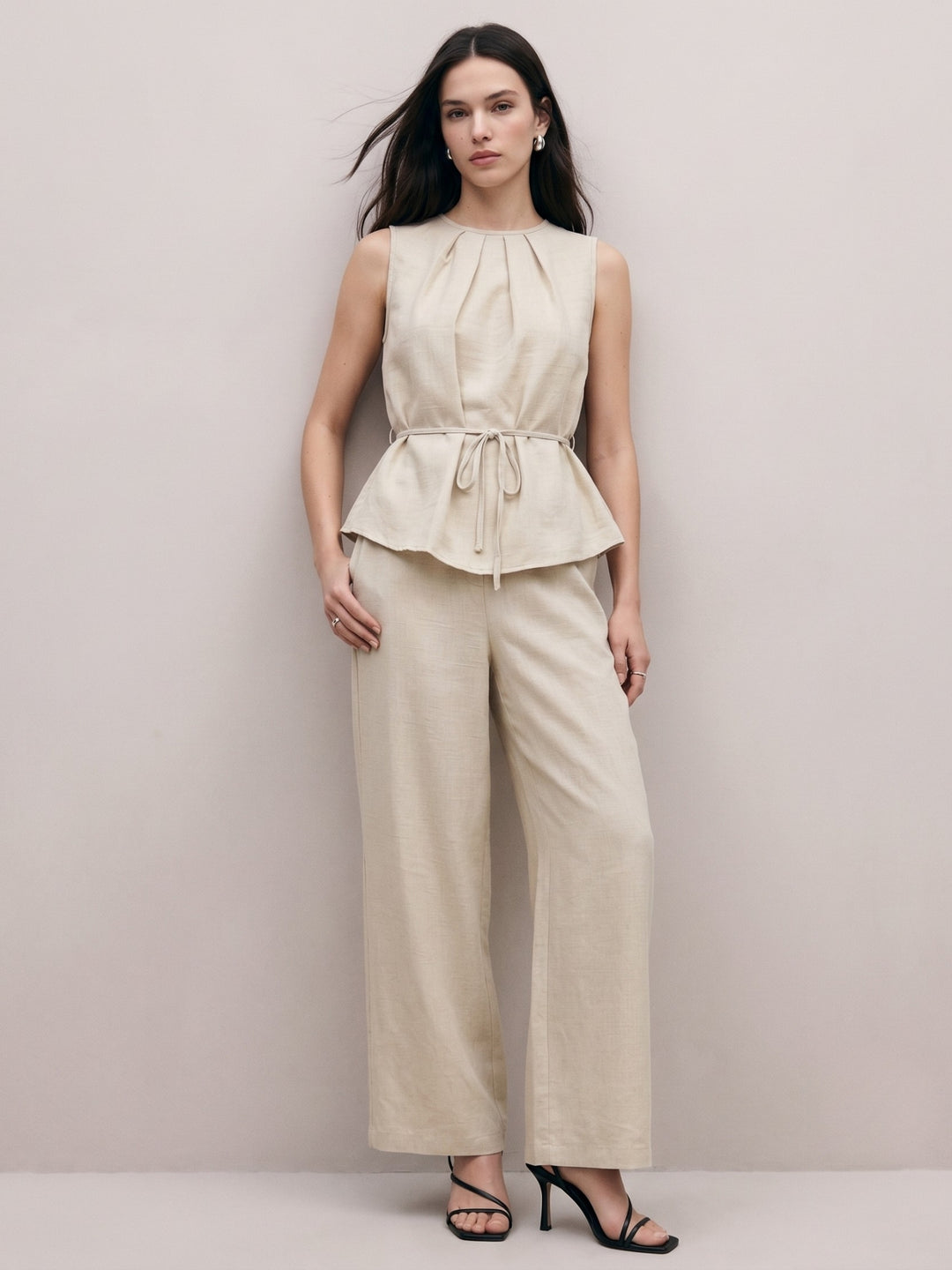 Cream Round Neck Pleated Top With Trouser Co-Ord Set