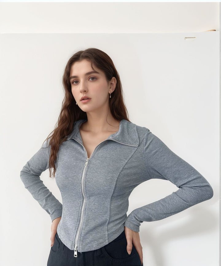 Grey Zipper Closure Full Sleeved Top