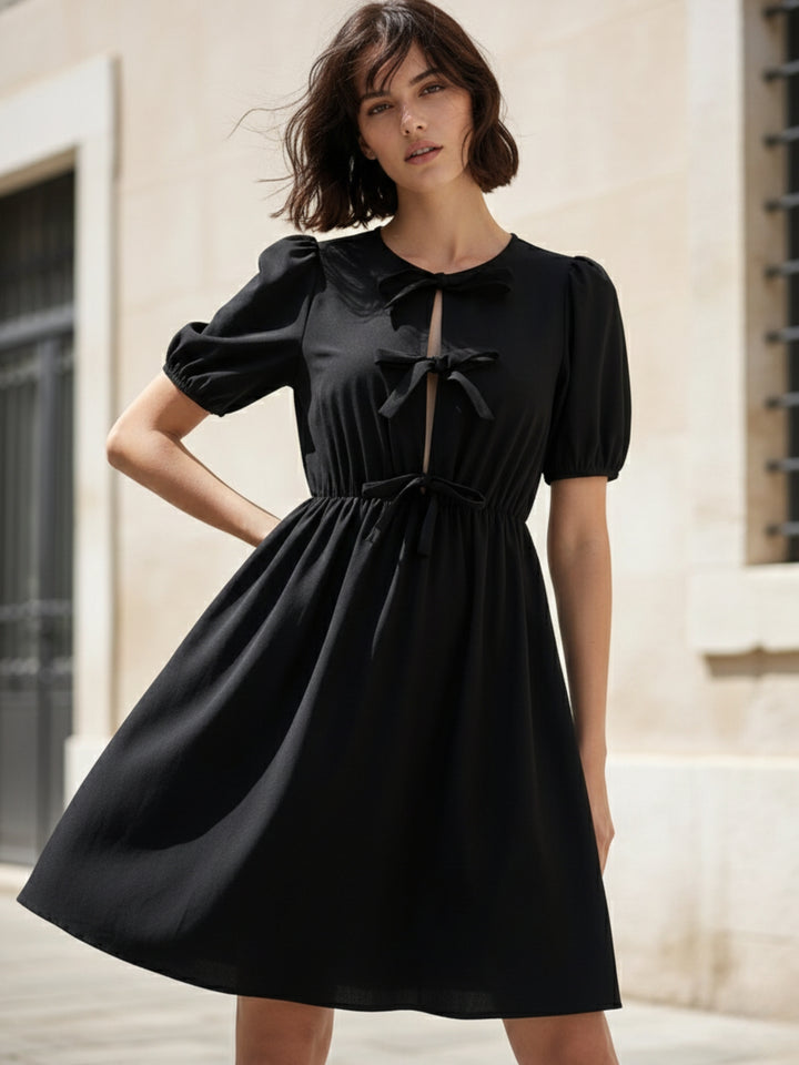 Black Puff Sleeve Front Knot Dress