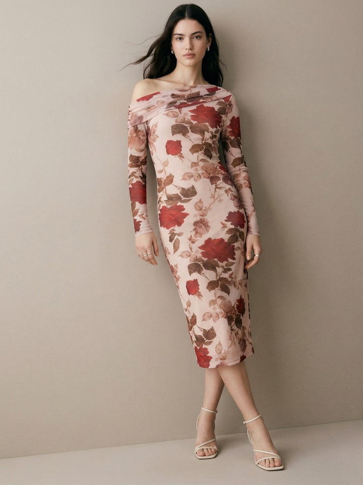 Beige Mesh Printed Off-Shoulder Midi Dress