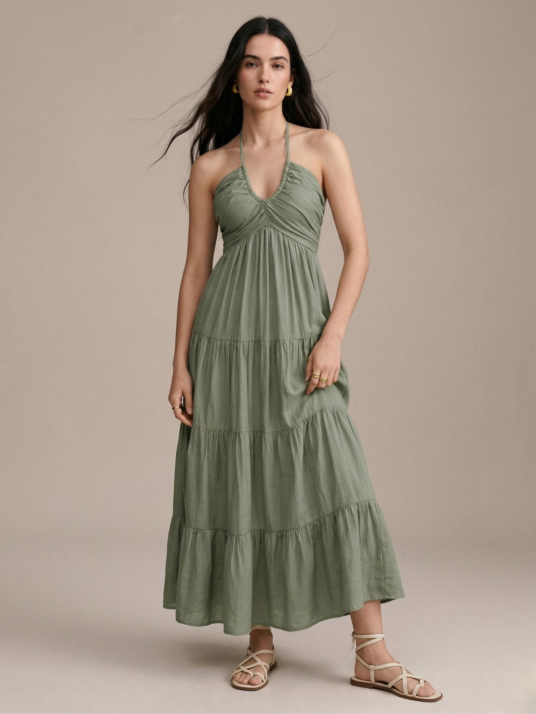 Olive Halter Neck Tiered Dress