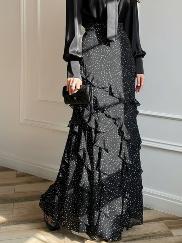 Black Tiered Maxi Skirt With Ruffles Detailing