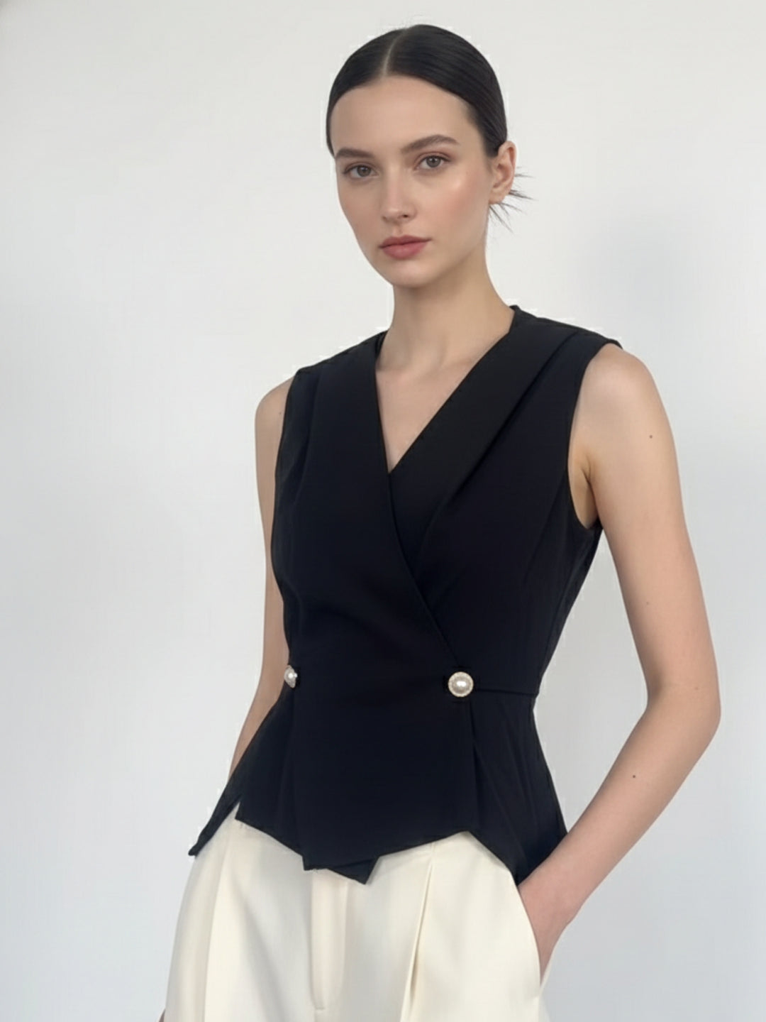 Black Wrap Neck Double Buttoned Top