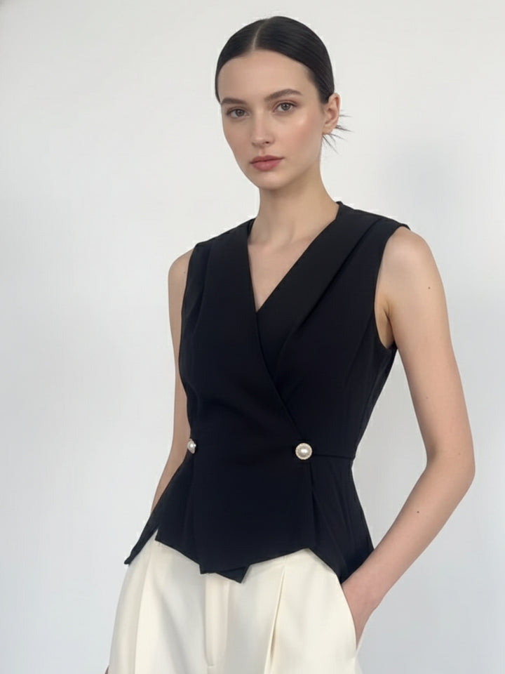 Black Wrap Neck Double Buttoned Top